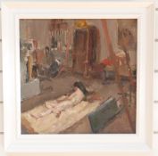 Roger Nicholas Tolson oil on board of painter's studio,