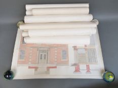 Collection of hand-drawn and coloured architectural drawings including Athens Polytechnic Annexe,
