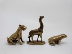 Three 19thC brass animal figures including giraffe,
