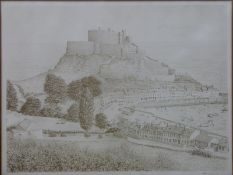 Print, castle with seaside village below,