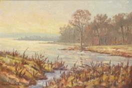 Charles Brooker acrylic on board coastal or lakeside landscape, signed bottom left,