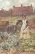 A 19thC impressionist oil on canvas of lady in garden with cottage and windmill beyond,
