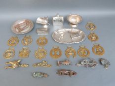 Plated ware, brass door knockers, horse brasses,