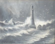Oil on canvas of lighthouse and stormy sea,