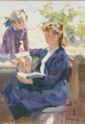 Stepanov oil on canvas lady and child reading, signed lower right,