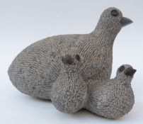An African Shona green stone carving of a bird with chicks, signed S Onoha, approximately 18.