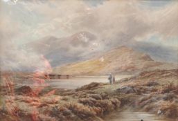 Henry Deacon Hillier (1858-1950) watercolour Highland landscape with figures and cattle,