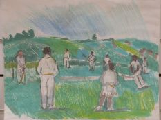 Carolyn White (1945-2013) pastel 'Summer Cricket Match, Cotswolds',
