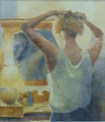 Cheryl Howeld watercolour 'Putting Up Her Hair', signed lower right,