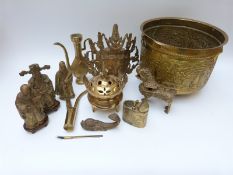A collection of oriental / Chinese brass items including Fo dog, bust, lamps,