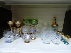 Set of six hock glasses with cut decoration and green overlay,