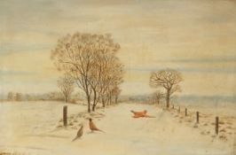 Tony Parish oil on canvas of pheasants in a snowy landscape, 49 x 75cm,