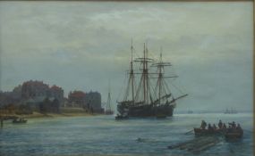 A 19thC oil on board of a Continental harbour scene,