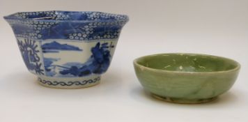 A Chinese blue and white bowl and a Chinese celadon glazed example