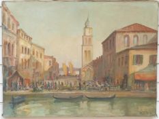 De C Paro oil on canvas Venetian scene with market by a canal, signed lower right,