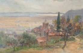 Arthur Netherwood (1864 - 1930) watercolour Continental building with landscape beyond,