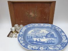 Four cut glass and brass door knobs with matching lock covers together with painted wooden tray and