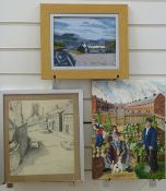 Lawson acrylic on canvas residents on an allotment with street beyond, 40cm x 30cm,