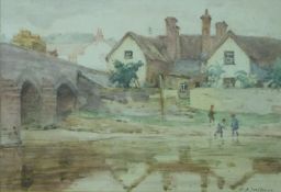 William Banks Fortescue (1850-1924) watercolour cottages and bridge with river in foreground,