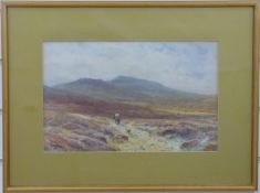 S G William Roscoe watercolour moorland landscape with horse rider and dog, signed lower left, 21.