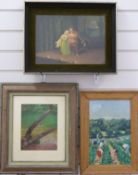 Acrylic on board of strawberry plants, 33cm x 21cm, together with K Ram oil of two nude bathers,