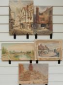 Five watercolours to include two street scenes, F Williamson village lane etc.