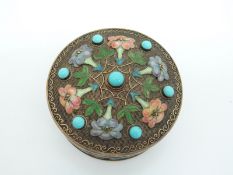 A Chinese silver lidded pot with enamel floral decoration and blue cabochons,