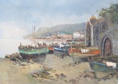 E B de Angelis oil on canvas possibly Turkish or Greek fishing village, signed lower left,