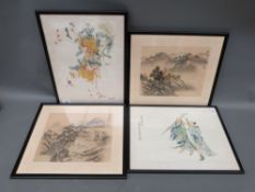 A Chinese watercolour on fabric of flowers, another similar painting depicting two men, 35 x 45cm,