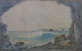 Norton Willis watercolour shipping in a coastal seascape viewed from a cave, signed lower right,
