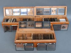 Three wooden boxes containing glass slides of Roman Villas, artefacts,