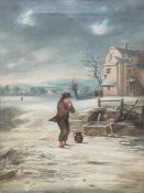 Oil on canvas of a boy in a snow covered landscape,