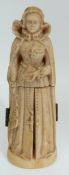 A 19thC Dieppe ivory figure of Mary Queen of Scots, opening to reveal carved court scenes, 8.