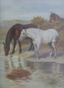 A 19thC/20thC oil on canvas of horses watering, in ornate pierced wooden frame,
