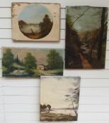 Four various oil on canvas landscapes including one of a stream by A Andrew,