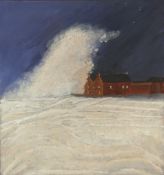 J Clayton oil of stormy sea hitting houses, signed and dated 08 lower right, 49.