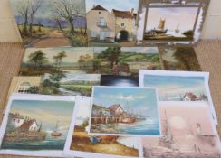 Approximately fifteen oil and acrylic paintings including Mollie Fletcher stream in landscape,