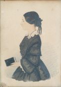 A miniature watercolour portrait of woman with book, indistinctly signed lower right, 13 x 18.