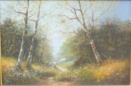 Les Parson oil on canvas of lady in wooded lane, signed lower left,