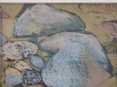 Carolyn White (1945-2013) pastel 'Sculpted Boulders, Porthmeor Cove, Cornwall',