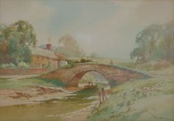 W Knox RBA Cornish scene, a punt passing under a bridge with cottage beyond, signed lower right,