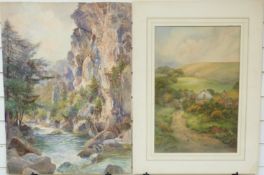 Maud Harmsworth watercolour farm in a hilly landscape, signed lower left,