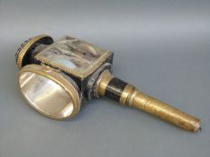A brass and iron carriage or coaching lamp, marked Patent No.