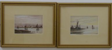 J Godbold pair of watercolour and gouache estuary shipping scenes, each signed lower right, 11 x 16.
