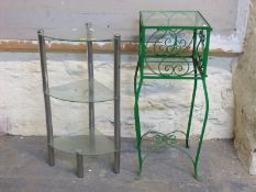 A chrome and glass three tier shelf unit, glass topped painted wrought iron jardiniere,