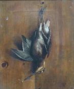 A Victorian oil on canvas of a woodcock hanging on a wooden wall,