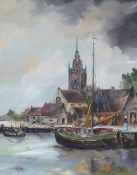 Dutch oil on canvas canal scene with church, indistinctly signed lower right, 48 x 38cm,