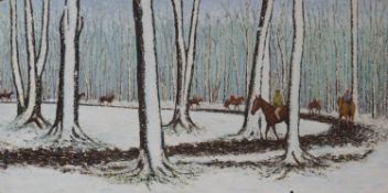 Acrylic on board figures riding horses through a snowy woodland scene,