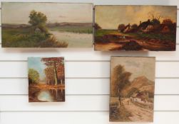 N Ashworth oil on canvas man moving sheep with thatched cottages beyond, signed lower right,