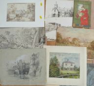 Approximately 20 19thC watercolours and pen and ink drawings including 'Gateway of Stoneleigh